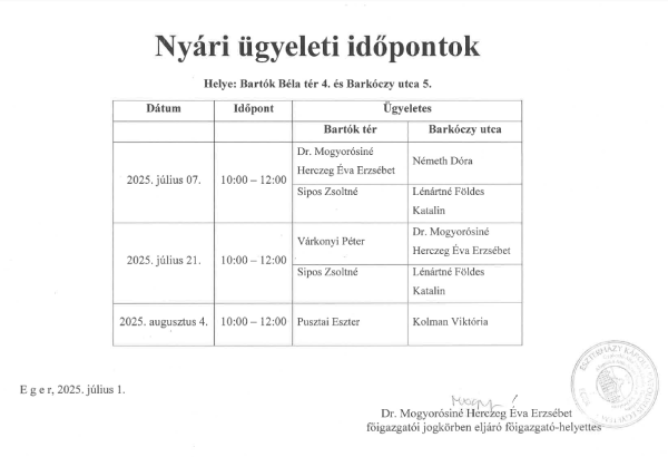 Nyári ügyeleti időpontok